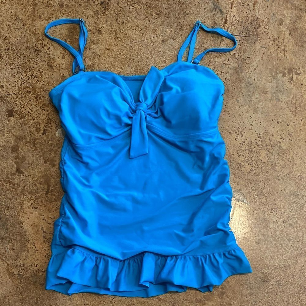 Marina West Aqua Blue Tie Front Ruched Ruffle Hem Modest Tankini Swim Top
